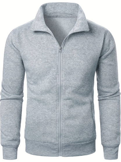 Men'S Slim-Fit Fleece-Lined Zip-Up Hoodie - Warm Long Sleeve Casual Jacket with Stand Collar, Solid Color, Polyester Lining, Pockets, Regular Fit for Fall/Winter, Winter Hoodie, Autumn Outerwear, Sleek Design, Durable Fabric,