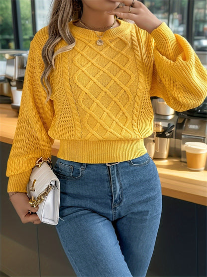 Elegant Cable Knit Sweater for Women - Casual Long Sleeve, Round Neck Pullover in Solid Color, Perfect for Fall/Winter