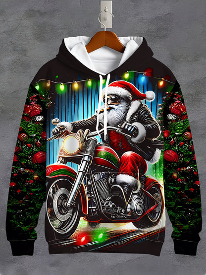 Plus Size Men'S Festive Santa Claus Motorcycle Hoodie - Long Sleeve, Casual Pullover with Drawstring and Kangaroo Pocket, Polyester, Machine Washable - Perfect for Autumn and Winter Street Style | Christmas Claus Motor Print