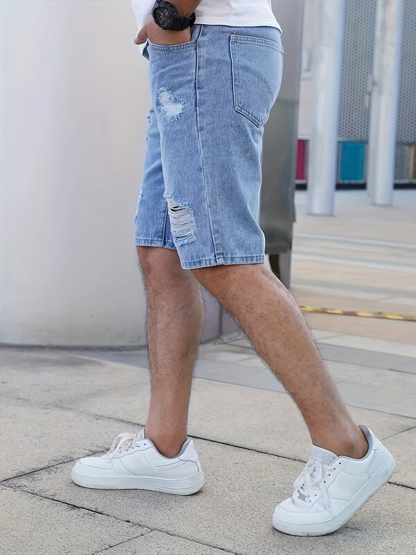 Men'S Casual Ripped Denim Shorts, 85% Cotton 15% Polyester Blend, Knee High, Non-Stretch, Solid Color, Loose Fit Skinny Contour, Woven Fabric, 375g/m² - Summer Fashion