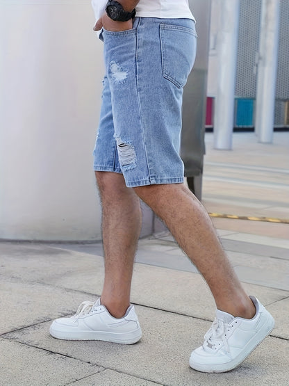 Men'S Casual Ripped Denim Shorts, 85% Cotton 15% Polyester Blend, Knee High, Non-Stretch, Solid Color, Loose Fit Skinny Contour, Woven Fabric, 375g/m² - Summer Fashion