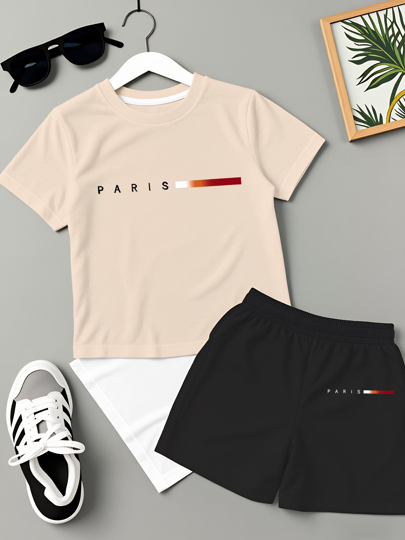 Boys' Summer Casual Striped T-Shirt & Shorts Set, Lightweight Polyeste