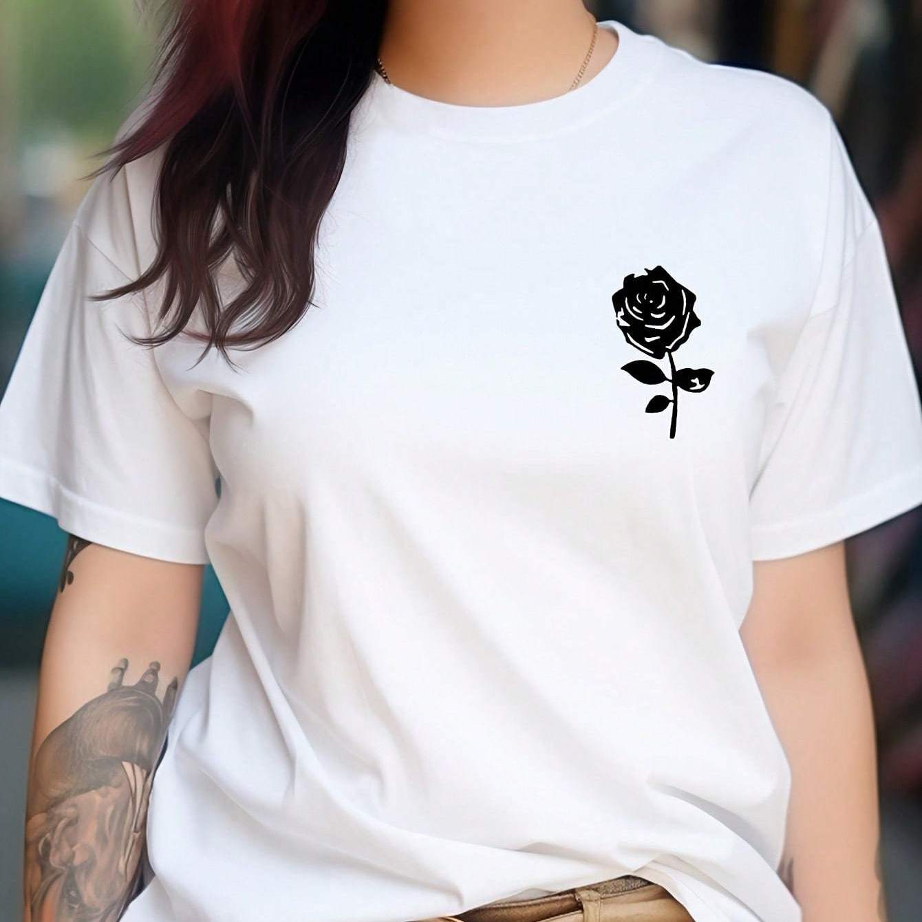 Rose Print Crew պարանոցի վերնաշապիկ, ամենօրյա կարճաթև շապիկ գարնան և ամառի համար, կանացի հագուստ