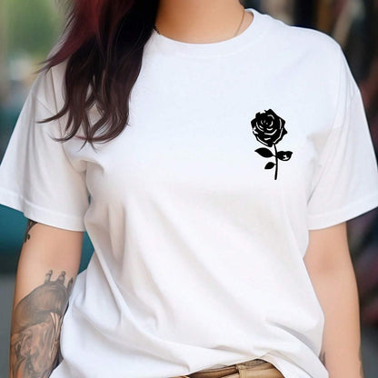 Rose Print Crew պարանոցի վերնաշապիկ, ամենօրյա կարճաթև շապիկ գարնան և ամառի համար, կանացի հագուստ