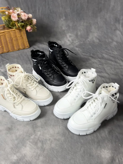 gfhfgjjfg Women's Casual High-Top Platform Ankle Boots with Lace-Up Closure, Thick Rubber Sole & Faux Cover Upper - Winter Warm Round Toe Boots for Casual Attire (Black/White/Beige), Comfortable Footwear, Durable Traction Foo