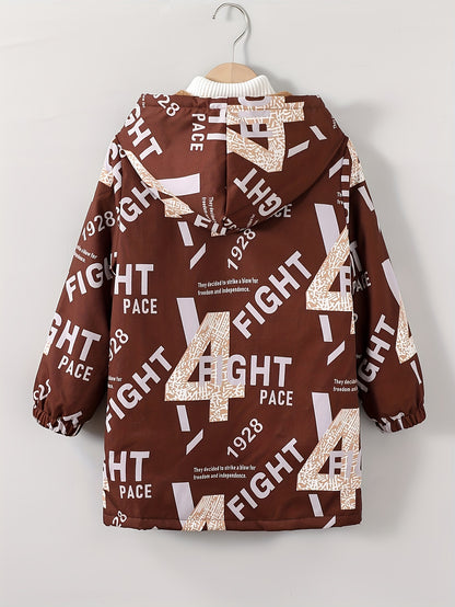 Boys' Cozy Jacket with Letter Print - Casual & Warm Windproof Outerwear for Fall/Winter
