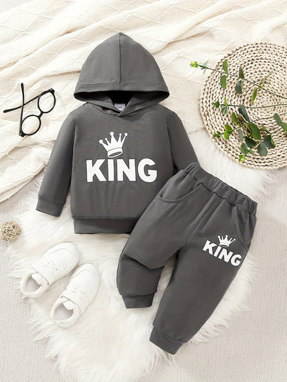 2 հատ Baby Boy's Casual Fashion Outfit Hooded KING Print երկարաթև մարզաշապիկ + շալվար բացօթյա հավաքածու