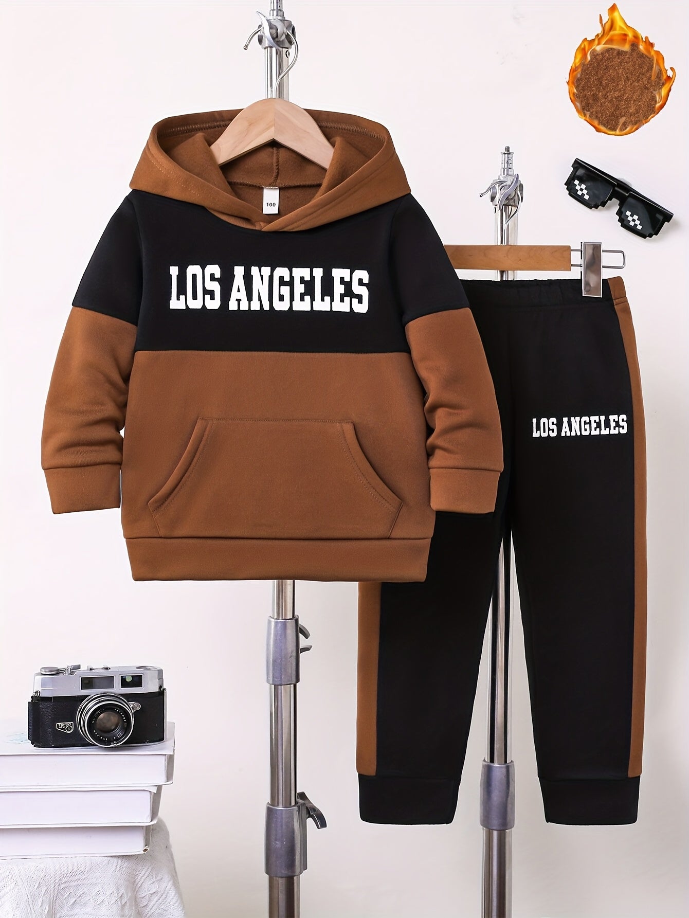 2pcs Boys' Autumn/Winter Fleece-Lined Hooded Sweatshirt and Pants Set, Simple Letter Print Fashion Classic Outfit for Outdoor Sports and Casual Wear, 100% Polyester Knit Stretch Fabric, Ideal Gift Choice for Kids, Perfect for