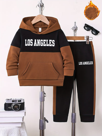 2pcs Boys' Autumn/Winter Fleece-Lined Hooded Sweatshirt and Pants Set, Simple Letter Print Fashion Classic Outfit for Outdoor Sports and Casual Wear, 100% Polyester Knit Stretch Fabric, Ideal Gift Choice for Kids, Perfect for