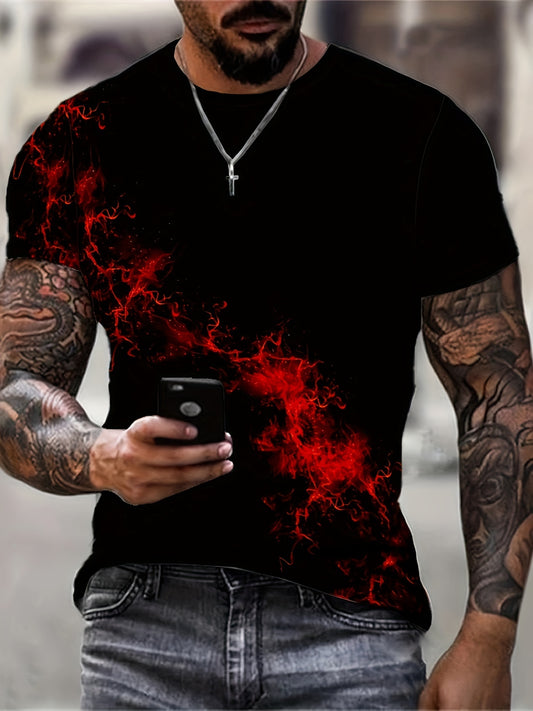Men'S 3D Print Red  Black Flame Graphic T-Shirt - Casual Short Sleeve Crew Neck Tee with Mesh Fabric, All-Season Outdoor Shirt for Adults, Everyday Tshirt   Bold Graphic Tee   Mesh Fabric Shirt