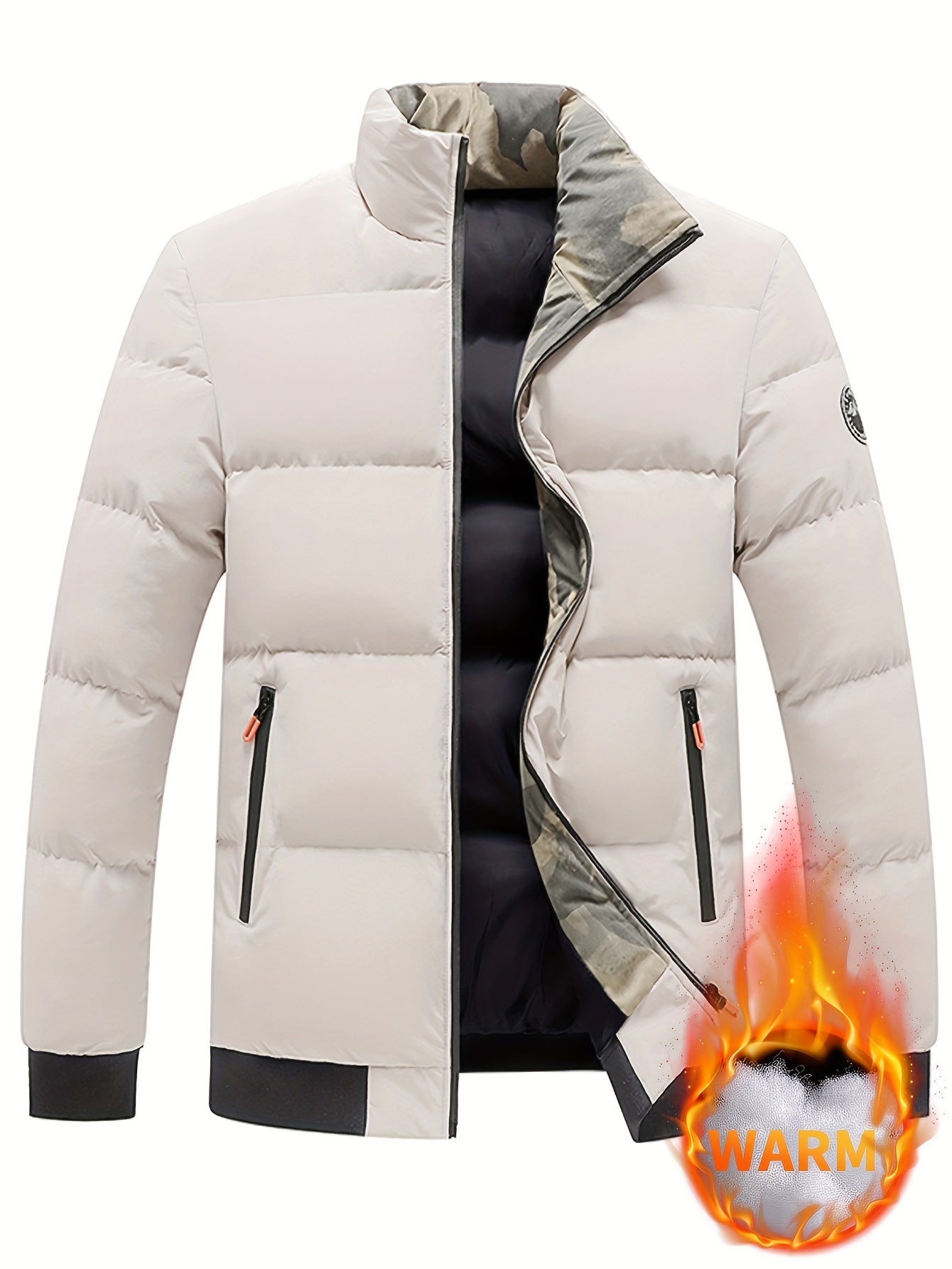 Men's Lightweight Jacket with - Winter Warm Coat, Stand Collar & Zippered Pockets, Beige/ & Black, Machine Washable (No Dry Clean) - Casual & Formal Outerwear for Cold Weather (-Filled)