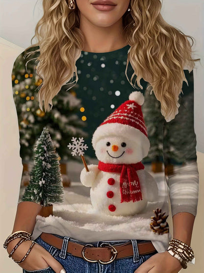 Women's Cozy Snowman & Christmas Tree Print Long Sleeve T-Shirt - Soft Round Neck Winter Sweater-Style Top with Snowflake Patterns, Machine Washable Holiday Party Outfit (Green/Golden) for Xmas & New Year's Events