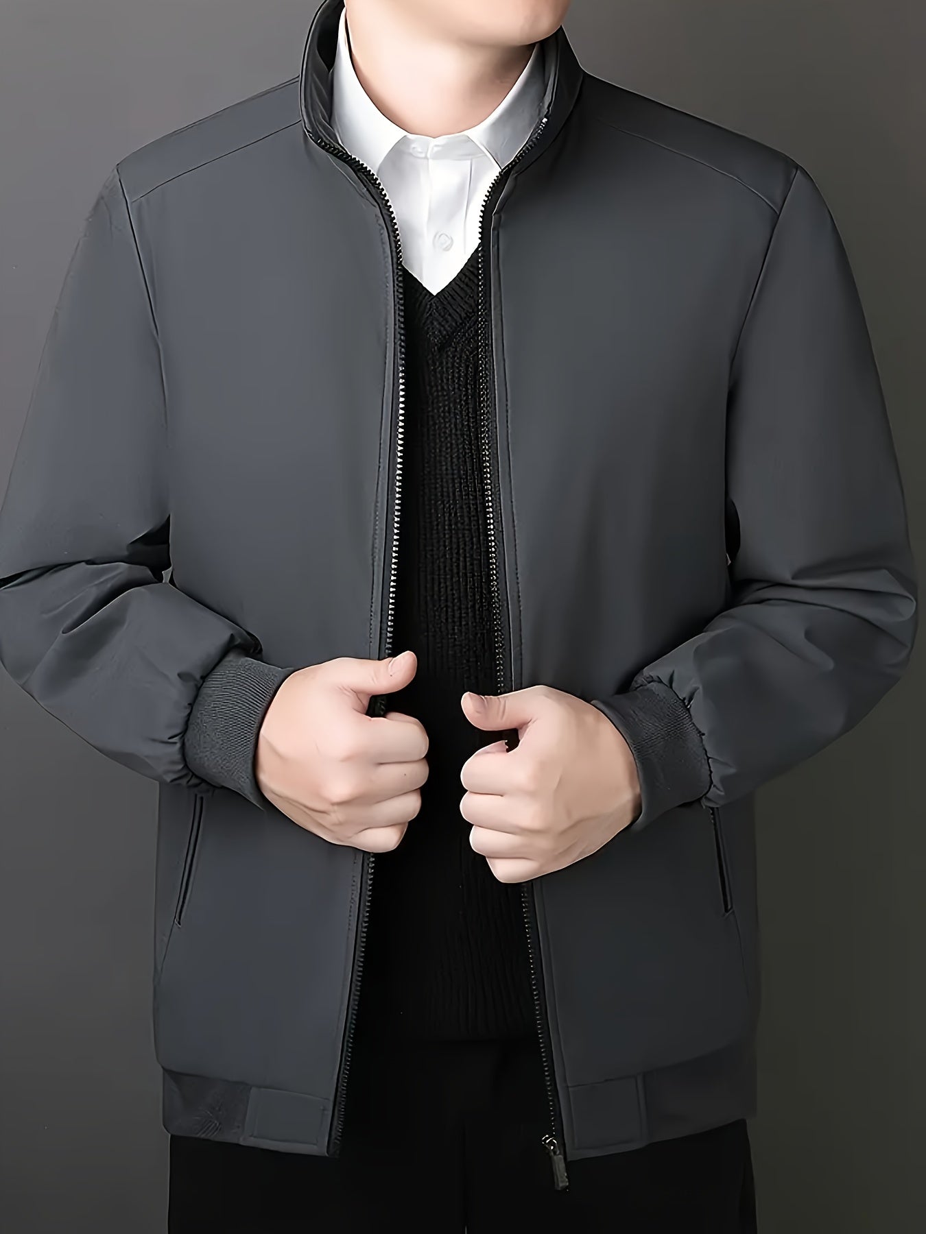 Men's Fleece-Lined Zip-Up Jacket - Casual Stand Collar, Outdoor Sports Coat with Pockets, Machine Washable