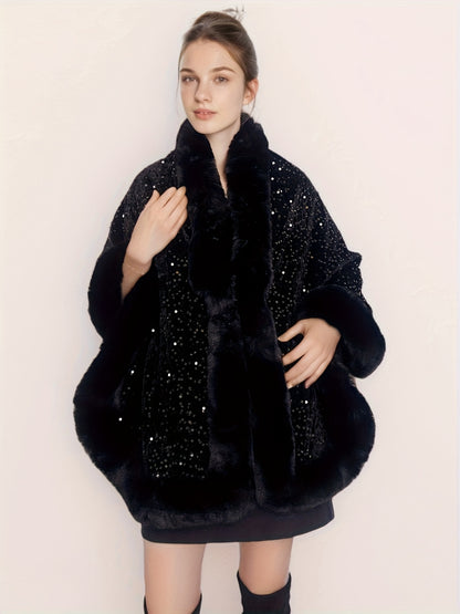 Մեծ չափսի կանացի էլեգանտ շալ-թիկնոց-պոնչո - շքեղ շագանակագույն թիկնոց՝ փայլուն հմայքով, խիտ ձմեռային վերարկու երեկույթների, պաշտոնական միջոցառումների համար՝ չձգվող գործվածք, հեշտ խնամվող էլեգանտ փաթաթան ամենօրյա հատուկ առիթների համար, երեկույթի հագուստ, C