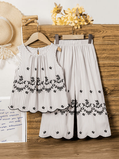 Girls' Retro Floral Striped Sleeveless Top & Wide Leg Pants Set