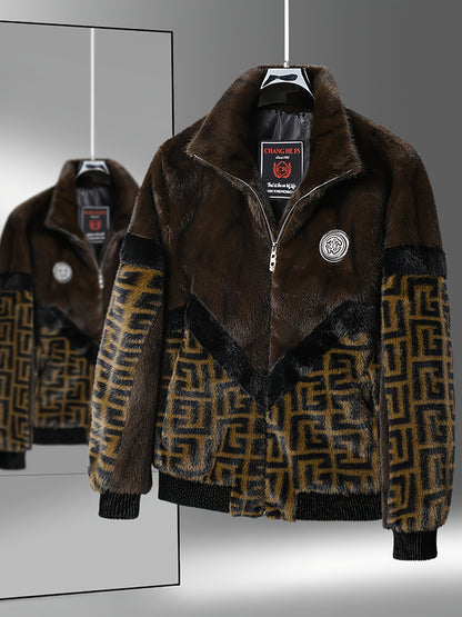 Men'S Winter Jacket - Brown & Black Color Block Coat with Stand-Up Collar, Zipper Closure, Non-Stretch Fabric for Formal & Everyday Cold Weather - Luxury Outerwear for Office, Parties, Casual Outfits, Party Attire, Sophistica