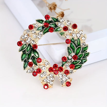 Luxury Christmas Bell Brooch with Rhinestone and Green Enamel Leaf, Alloy Golden-Plated, Fashionable Shiny Pin for Party and Banquet Accessories, Special Occasion Pin, Vintage Brooch, Elegant Design, Rhinestone Embellishment,