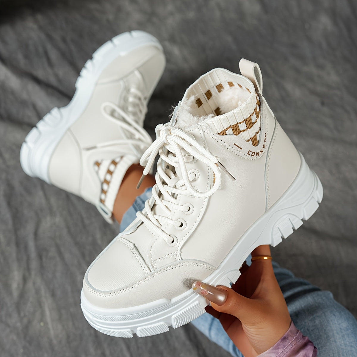 gfhfgjjfg Women's Casual High-Top Platform Ankle Boots with Lace-Up Closure, Thick Rubber Sole & Faux Cover Upper - Winter Warm Round Toe Boots for Casual Attire (Black/White/Beige), Comfortable Footwear, Durable Traction Foo