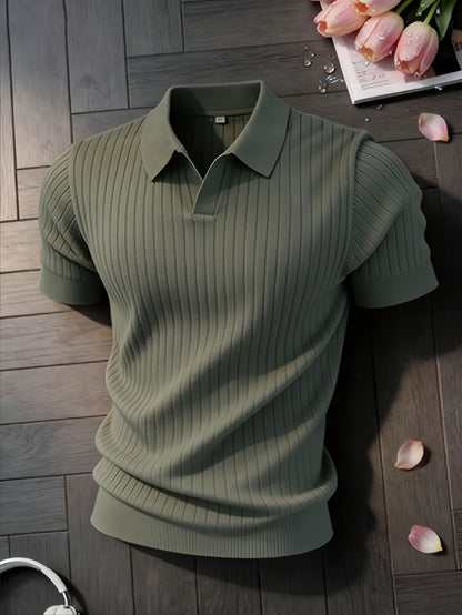 Men's Slim Fit Vertical Rib Knit Polo Shirt for Spring Summer