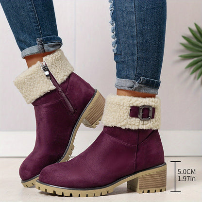 Chunky And Clssic Women'S Ankle Boots, Comfortable And Elegent Woemen Shoes. Warmth Khaki、Black And Beige Winter Women' Boots. Solid-Colored. Fleece-Lined Boots, Heighten And Non-Slip Lighhtweight Shoes with Cute Round Toe.