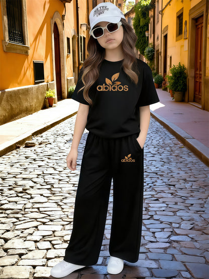 Girls Casual 2-Piece Summer Set: Printed T-Shirt & Wide Leg Pants