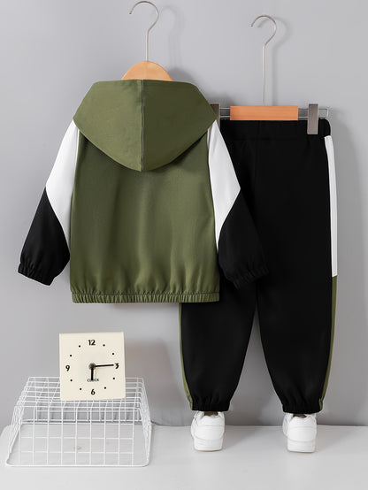 Boys' Casual Color-Block Hooded Jacket and Pants Set