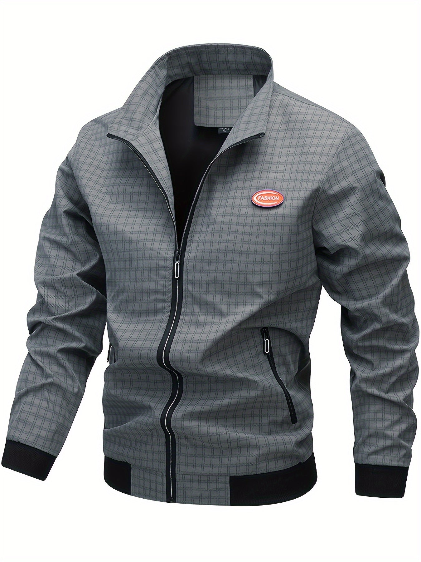 Men's Casual Outdoor Jacket - Spring/Fall Softshell Jacket with Checkered Pattern, Long Sleeves, and Zipper Closure
