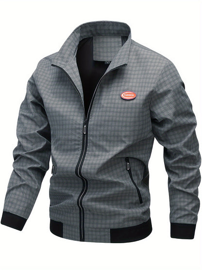 Men's Casual Outdoor Jacket - Spring/Fall Softshell Jacket with Checkered Pattern, Long Sleeves, and Zipper Closure