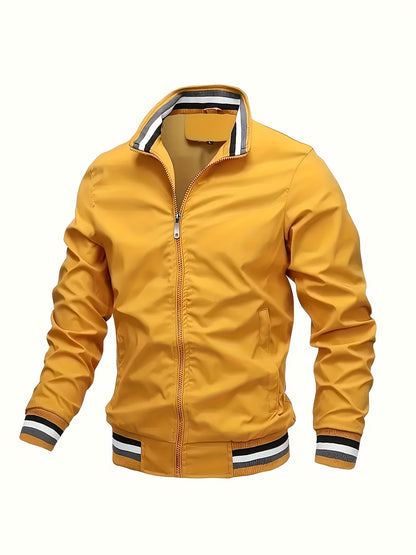 Lightweight And Trendy Men's Long Sleeve Zipper Jacket With Stand Collar, Pockets And Stripe Pattern Pieces, Suitable For Spring And Autumn Outdoors Activities