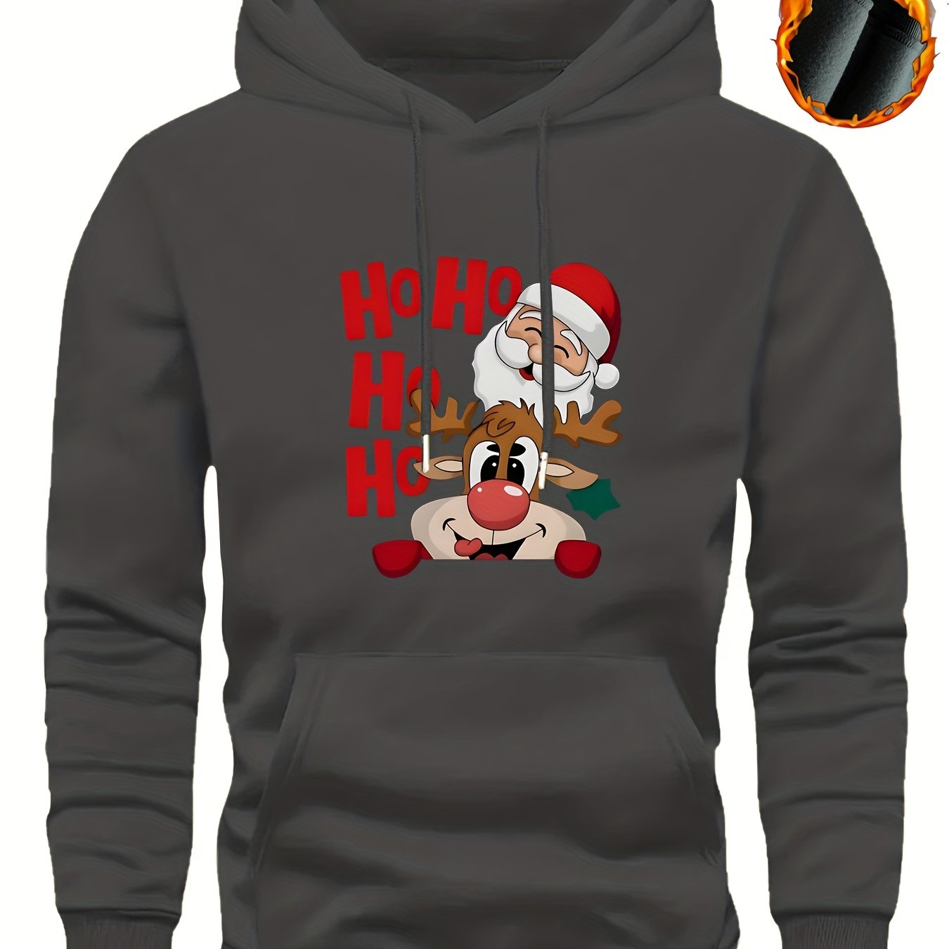 Men's Christmas Hooded Sweatshirt with Rudolph & Santa Print - Thickened Winter Pullover Hoodie, Warm Long Sleeve Casual Sweater for Skiing, Parties, Team Events - Machine Washable (Couple Matching, Unisex Style)