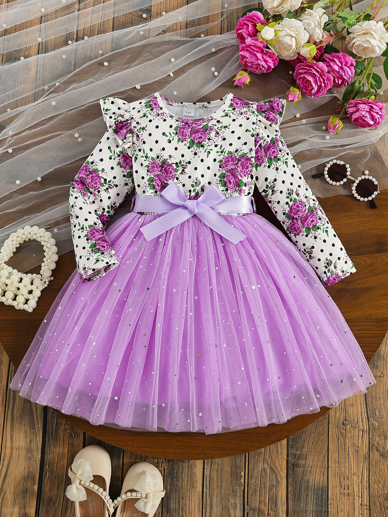 COVIVIKY Girls' Elegant Long Sleeve Party Dress with Puff Skirt & Sheer Panel - Knee-Length A-Line Wedding Prom Dress, Belted Waist Bow & Netting Trim, Hand Washable Winter Formal Gown for Girls (Age 4-12)