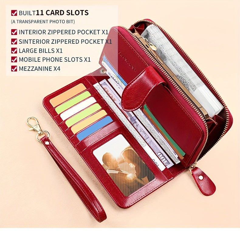 Two-Layer Cowhide Leather Clutch Wallet for Men & Women, Casual Large Capacity RFID Blocking Zippered Hand Purse with Transparent ID Slot and Anti-Theft Brush, Versatile for Going Out