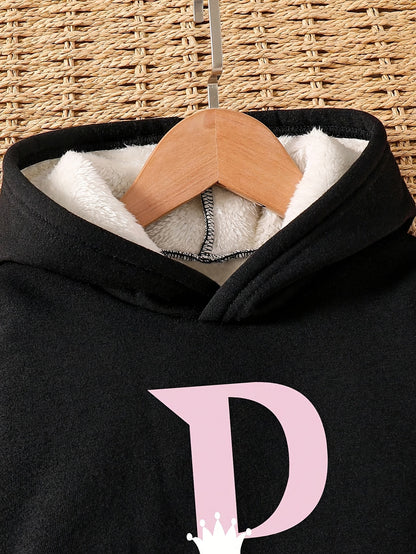 Autumn And Winter Style Fleece Tops, Fashionable Letter Pattern Prints, Warm Hoodies And Sweatpants Two-Piece Set, for Outdoor