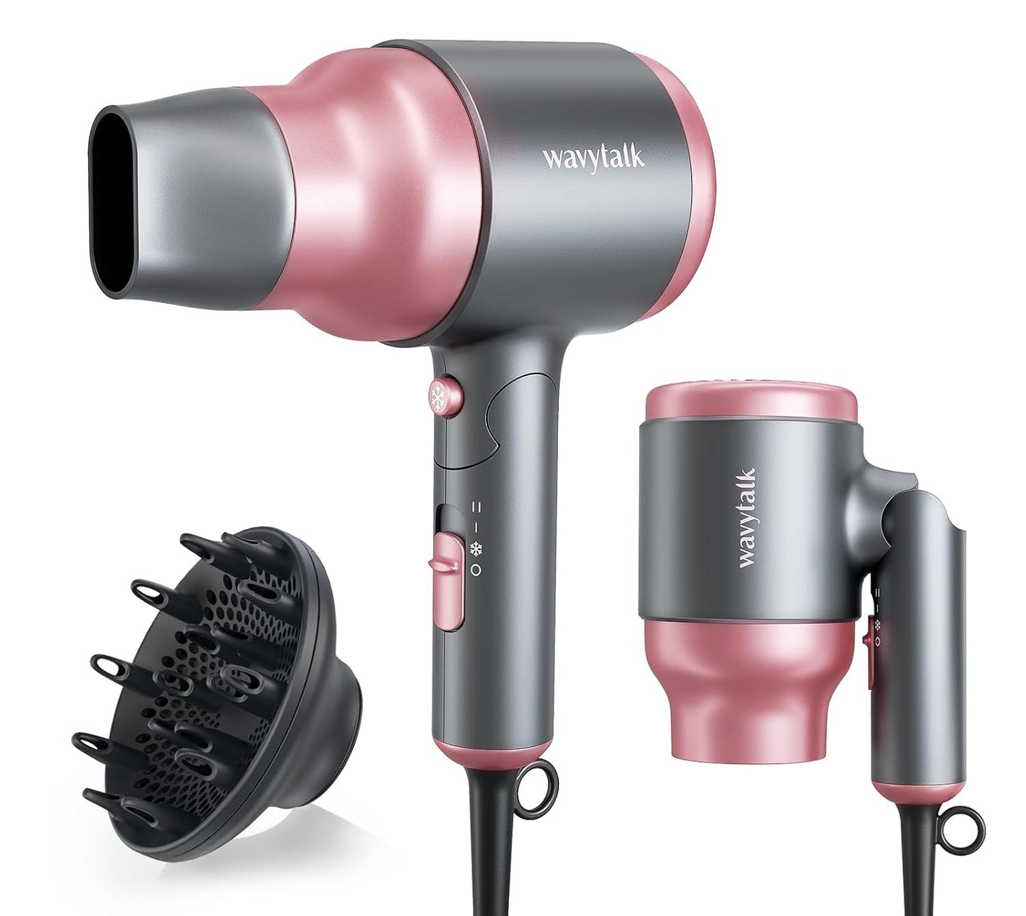 Wavytalk Blow Dryer with Diffuser, Mini Hair Dryer with Folding Handle, 1600W Quiet Lightweight Hairdryer with Diffuser Compact Design, Pinky White