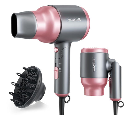 Wavytalk Blow Dryer with Diffuser, Mini Hair Dryer with Folding Handle, 1600W Quiet Lightweight Hairdryer with Diffuser Compact Design, Pinky White