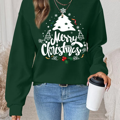 Women's Red Christmas Tree & Lettering Sweater - Cozy Winter Pullover with Round Neck Long Sleeve, Thickened Sweating-Reducing Blouse for Xmas Party Outfits, Family Gatherings (Machine Washable, Autumn/Winter Clothing)