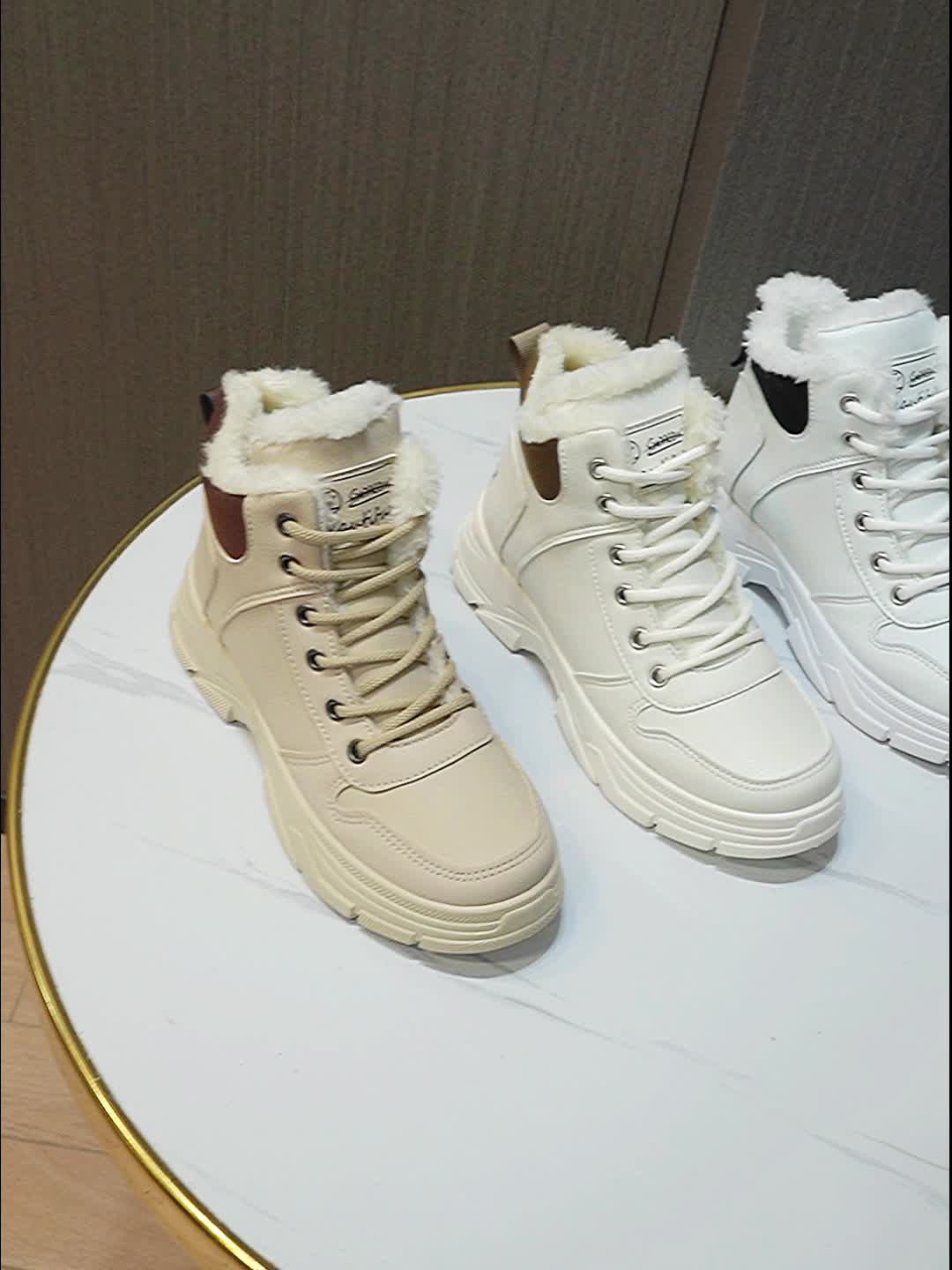 Women's Insulated Winter Boots with Plush Collar & Thick Sole - White Faux Cover Round-Toe Lace-Up Ankle Boots, Cushioned Insole & Arch Support, Warm TPU Outsole for Cold Weather, Casual to Semi-Formal Outfits