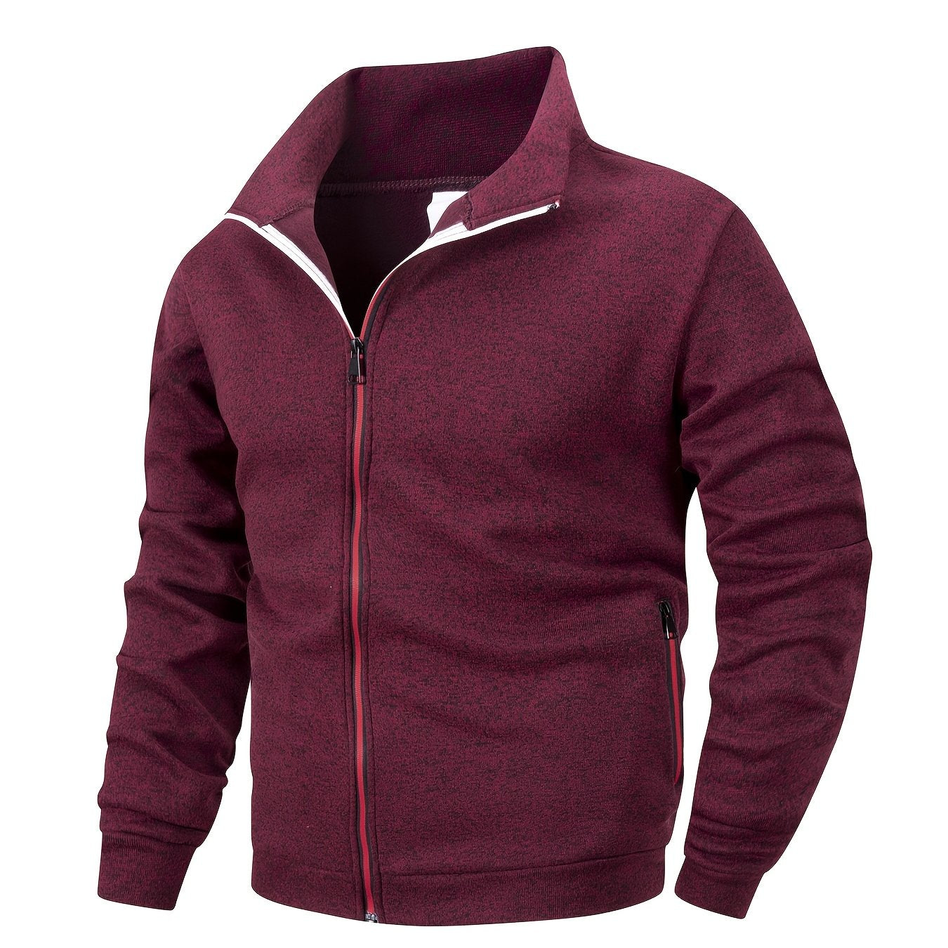 Men'S Stand Collar Zipper Jacket, Fashion Solid Color, Long Sleeve, Fleece, Soft, Casual, Polyester, with Zipper Pocket, for Daily, Sports, Fitness