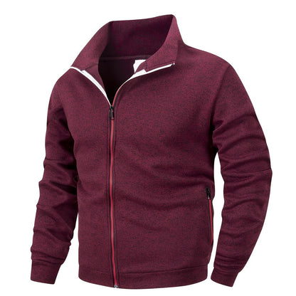 Men'S Stand Collar Zipper Jacket, Fashion Solid Color, Long Sleeve, Fleece, Soft, Casual, Polyester, with Zipper Pocket, for Daily, Sports, Fitness