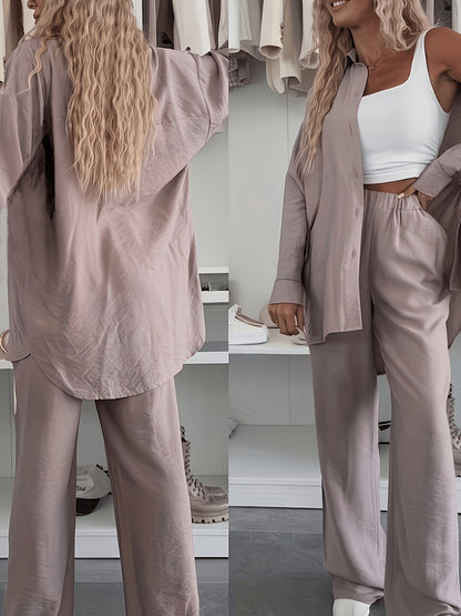 Women's Loose Shirt & Wide-Leg Pants Set - Elegant Polyester