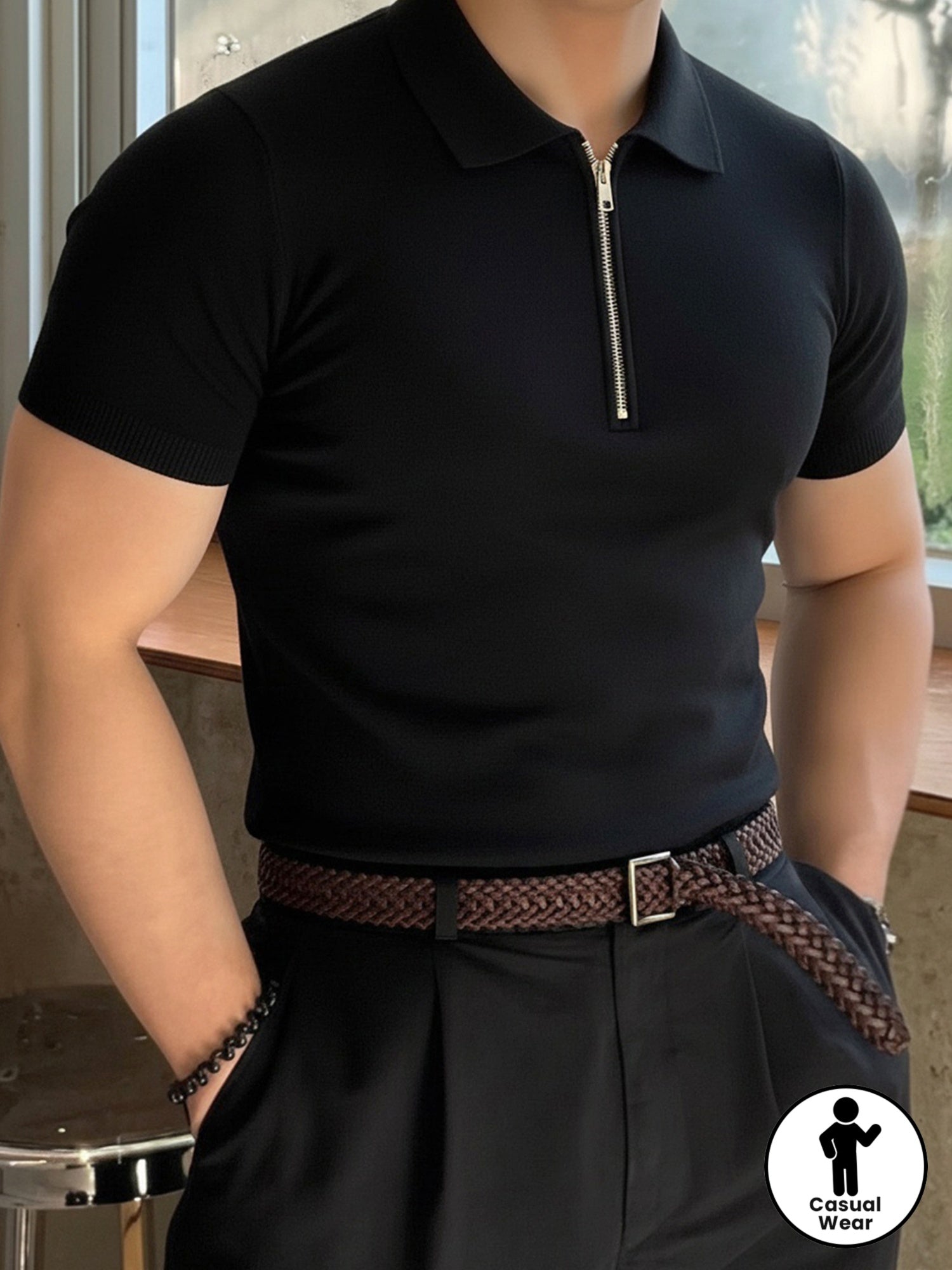 Men'S Short Sleeve Knit Polo Sweater with Lapel Collar and Zipper | Casual Solid Color Top, Slight Stretch Fabric, Ideal for Beach, Going Out, and Casual Occasions - ayq