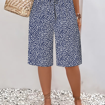Plus Size Women's Lightweight Beach Shorts - Casual Blue and White Floral Print, Drawstring Waist, Polyester, Machine Washable, Knee-Length with Pockets