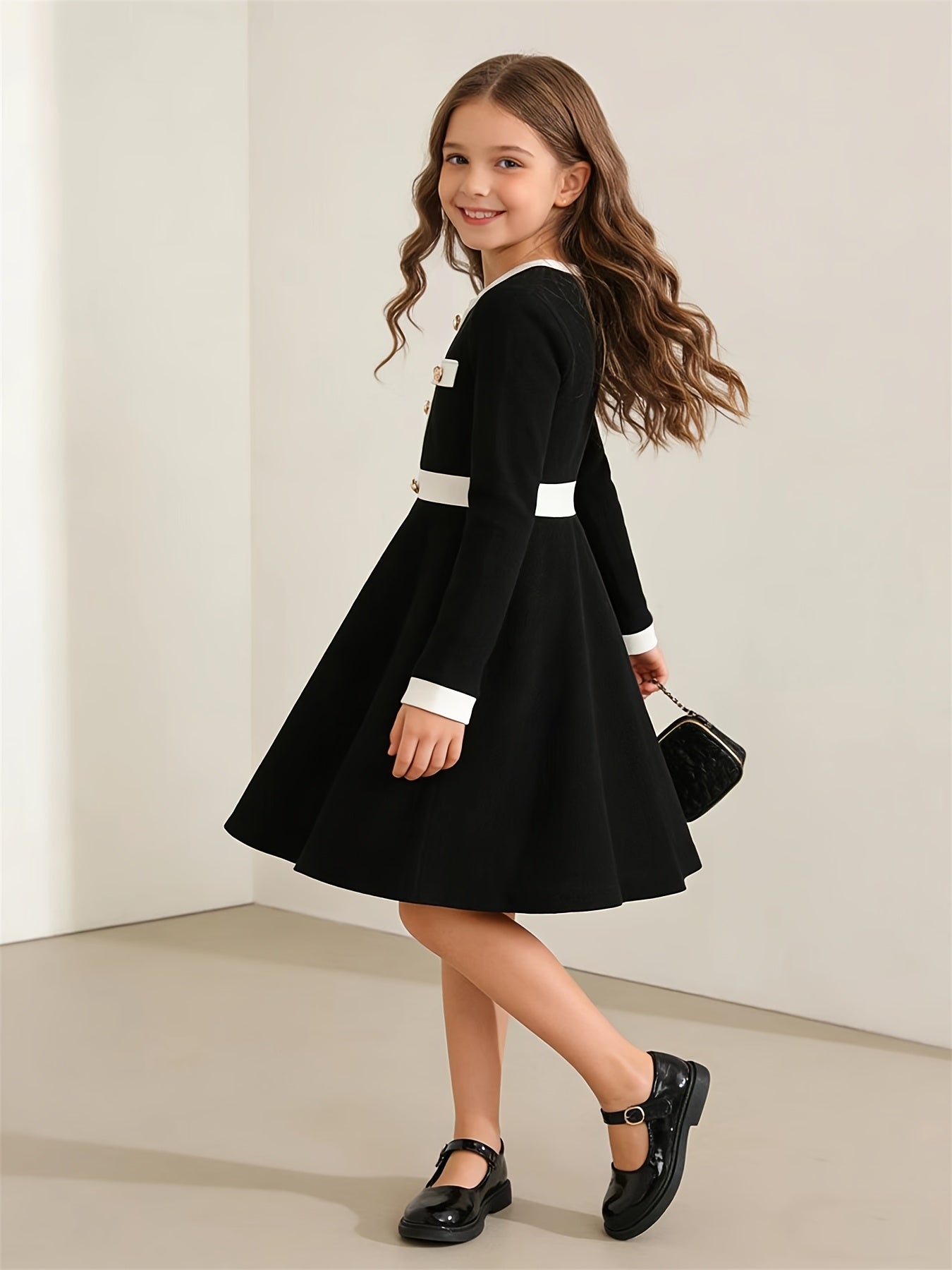 Girls' Black Knit Long Sleeve Skater Dress with White Contrast