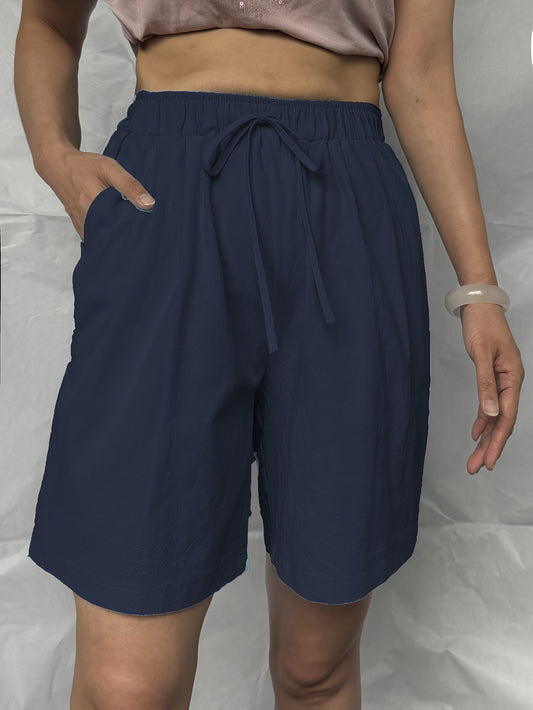 Solid Color Tied High Waist Shorts, Casual Slant Pocket Fabric Shorts For Spring & Summer, Women's Clothing