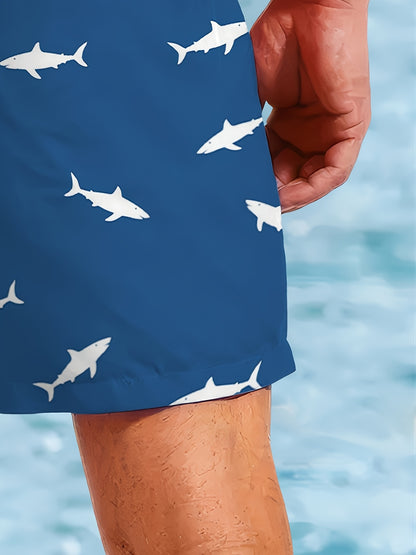 Men'S Beach Shorts Featuring a Group of Adorable Little Sharks in a High-Definition 3D Print, Quick-Drying Swim Trunks with Drawstring, Perfect for Summer Outdoor Activities, Beach Vacations, Swimming, And Surfing.