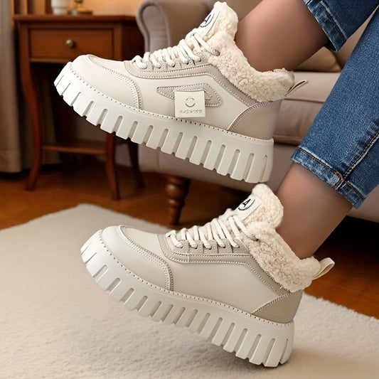 Women'S Winter Warm High-Top Sneakers - Breathable Synthetic, Plush Lined, Durable PVC Sole, Stylish Beige & White Design for Outdoor Casual Wear, Winter Sneakers | Stylish Winter Shoes | Durable PVC Sole, Women Winter Shoes,