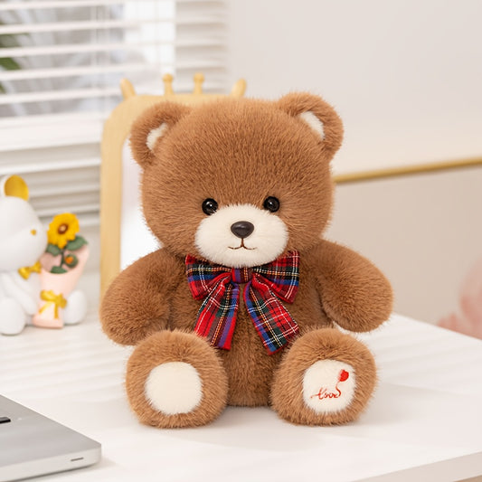 25cm/9.84in Tie Teddy Bear Plush Toy - Soft Stuffed Animal with Red Bow Tie, Light Brown & Yellow, Perfect for Halloween, Easter, Christmas & Birthday Gifts, Cute Stuffed Animal, Holiday Gift Item, Playful Design, Quality Cra