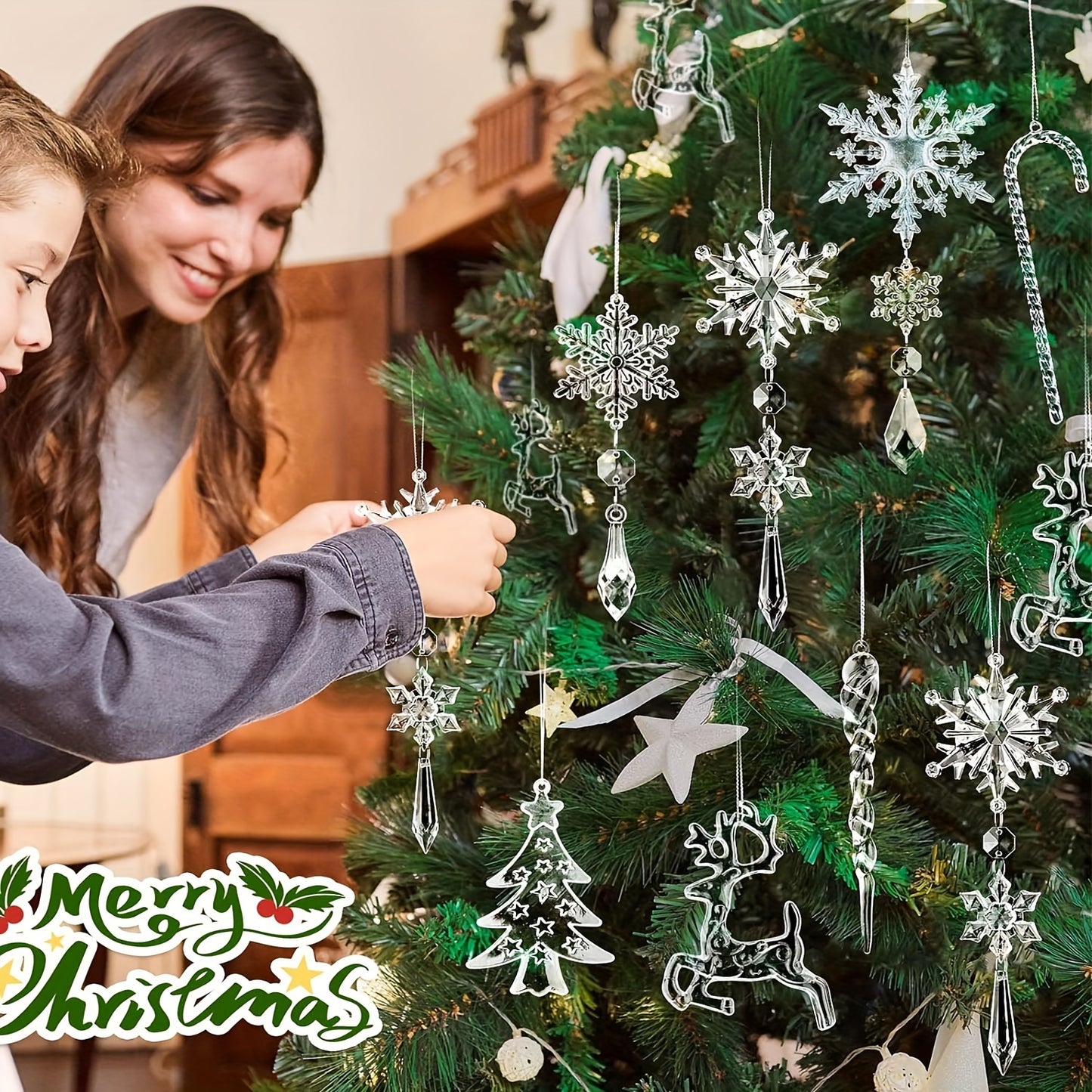 18pcs Festive PVC Acrylic Crystal Christmas Ornaments Set - Snowflakes, Reindeer, Icicles Hanging Decorations for Xmas Tree, Holiday Window, New Year Party Decor, DIY Handmade Materials