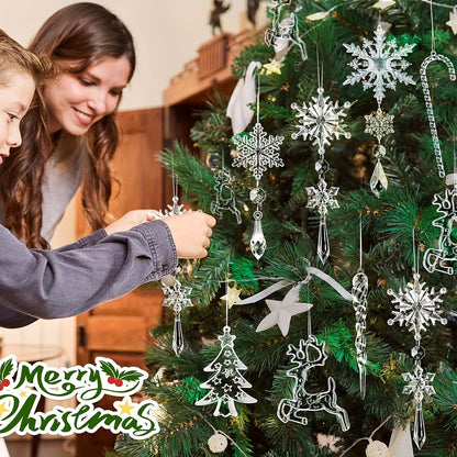 18pcs Festive PVC Acrylic Crystal Christmas Ornaments Set - Snowflakes, Reindeer, Icicles Hanging Decorations for Xmas Tree, Holiday Window, New Year Party Decor, DIY Handmade Materials