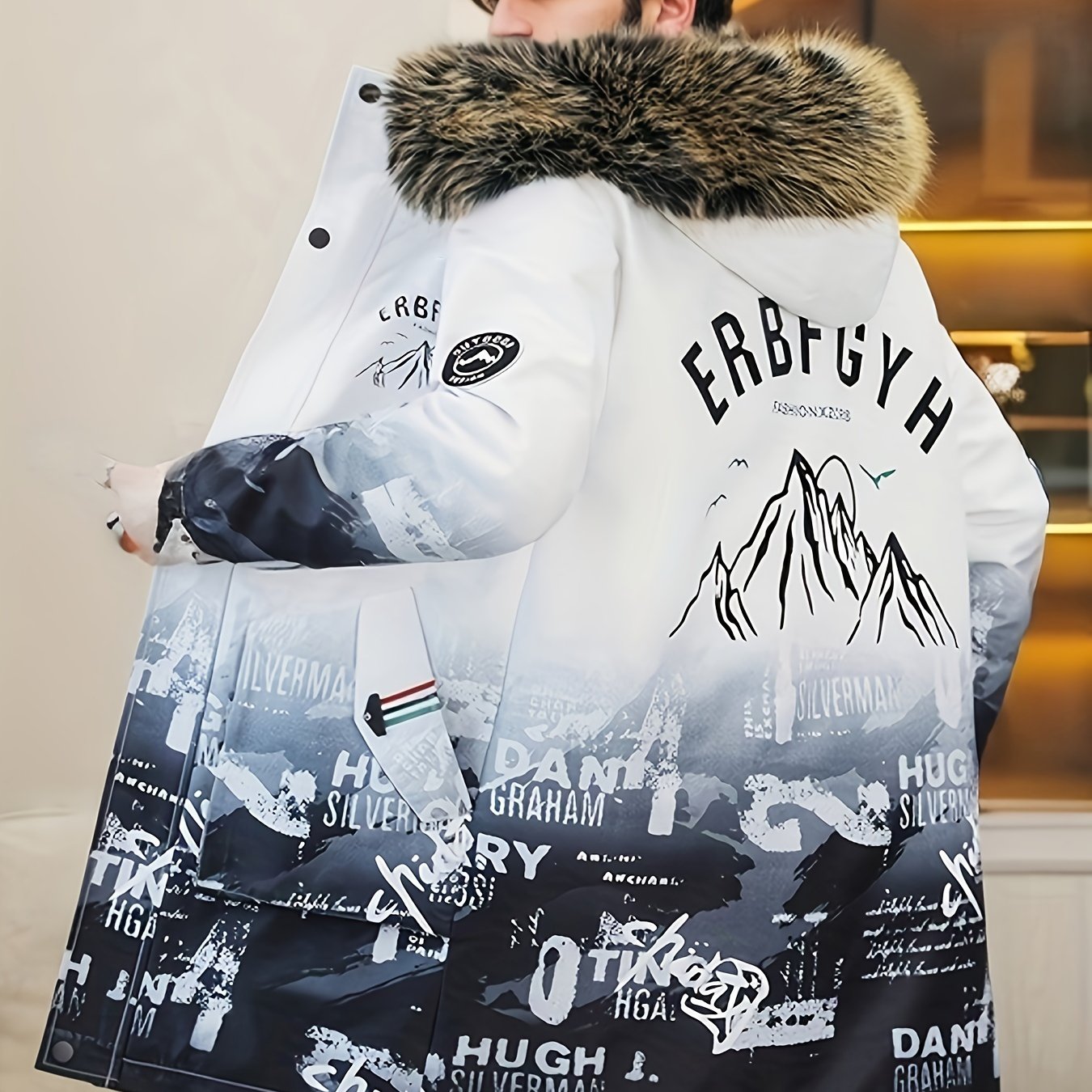 Men's Heavy-Duty Hooded Winter Jacket with Mountain Logo Back Print, Full-Zip Long Coat & Pockets - Large Hood for Extreme Cold, Machine Washable -Filled Outerwear (Casual/Climbing/Skiing) - Black, Winter Boots For Men, Men W